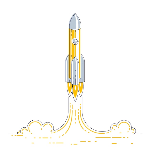 Lanzamiento de cohetes al espacio desconocido. explora el universo, la ciencia espacial impresionante. ilustración de vector 3d de línea delgada aislada en blanco.