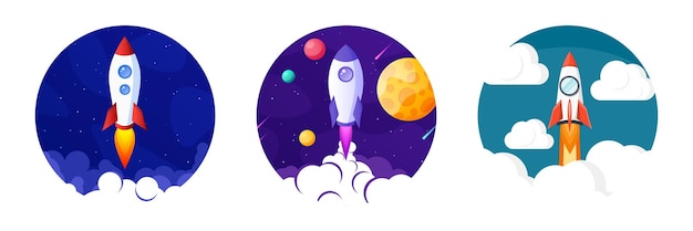Lanzamiento de cohetes espacio futurista fondo colorido con planetas y estrellas nave espacial de dibujos animados