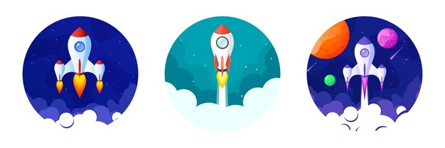 Lanzamiento de cohetes espacio futurista fondo colorido con planetas y estrellas nave espacial de dibujos animados