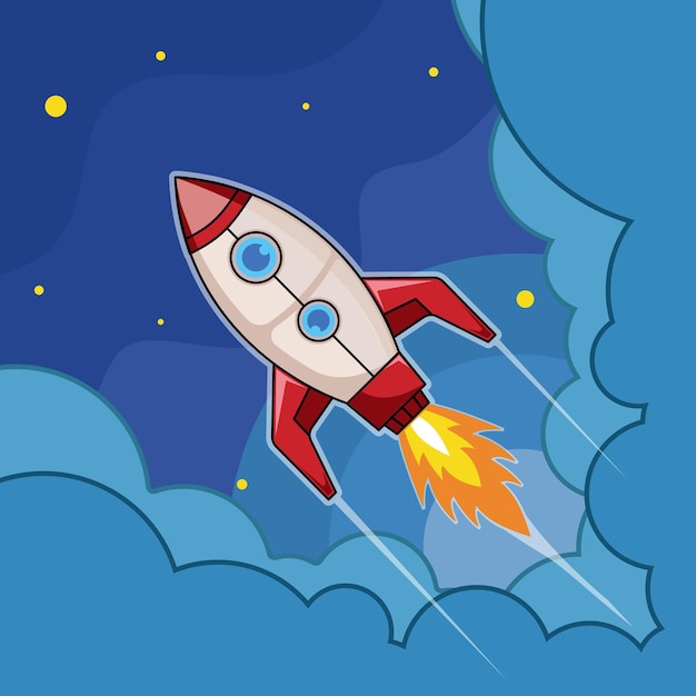 lanzamiento de cohetes en el espacio plantilla de ilustración vectorial diseño gráfico exploración del espacio exterior con estrellas y cielo nublado para astronomía y ciencia concepto de tecnología de idea con fondos en estilo plano