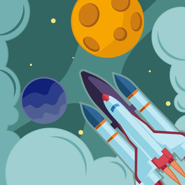 lanzamiento de cohetes en el espacio plantilla de ilustración vectorial diseño gráfico exploración del espacio exterior con estrellas y luna planeta para astronomía y ciencia idea de tecnología con fondos en estilo plano