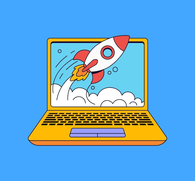 Lanzamiento de cohetes desde la pantalla del portátil Ilustración Vector de dibujos animados para lanzamientos de arranque