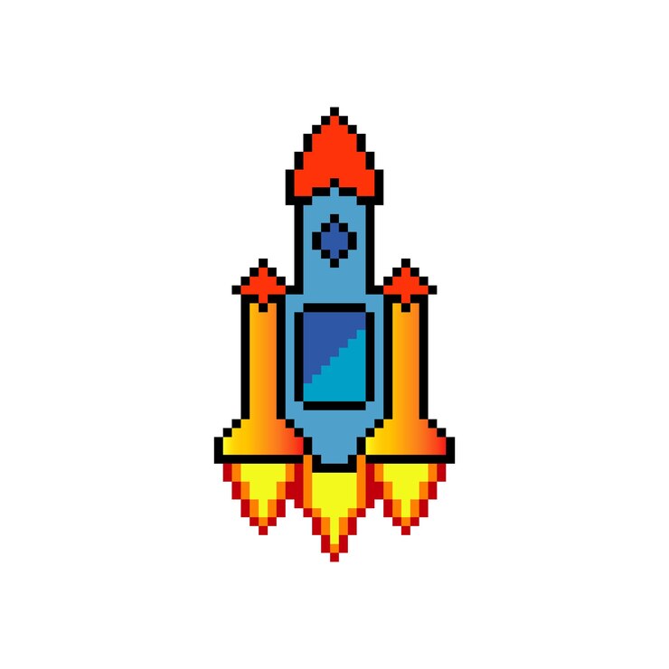 Vector lanzamiento de cohetes con pixel art. ilustración vectorial