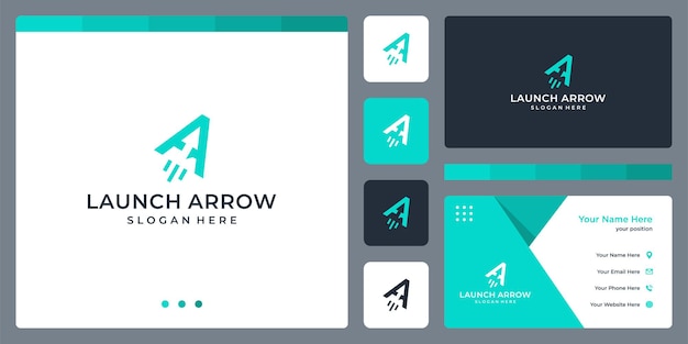 Lanzamiento y flecha inicial de la inspiración del diseño del logotipo de la letra A. diseño de plantilla de tarjeta de visita.