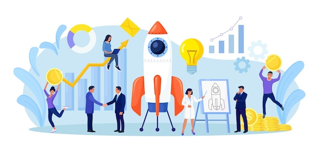 Vector lanzamiento de inicio exitoso. el cohete espacial vuela con gráficos y diagramas en el fondo. pequeños empresarios que desarrollan proyectos empresariales con nuevas ideas, visión, estrategia de crecimiento, innovación.