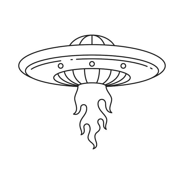 Lanzamiento de la nave espacial alienígena Y2K con llamas ardientes Ilustración vectorial del icono del contorno de arte pop