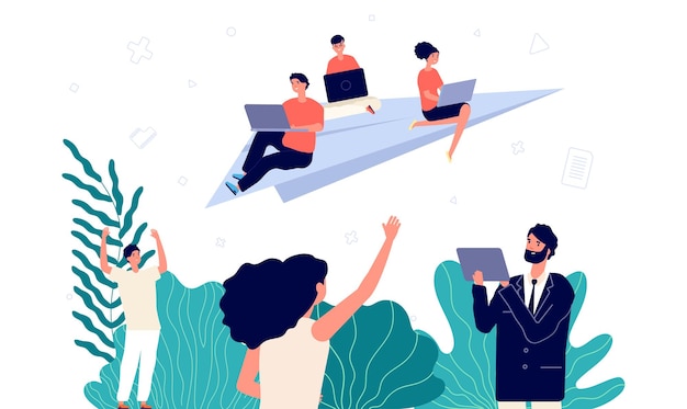 Lanzamiento de proyecto empresarial. Equipo de puesta en marcha, desarrollo de TI o nuevo personal de gestión. Los jóvenes con laptop vuelan en avión de papel. Trabajadores independientes de hombre mujer feliz, ilustración de vector de jugadores en línea