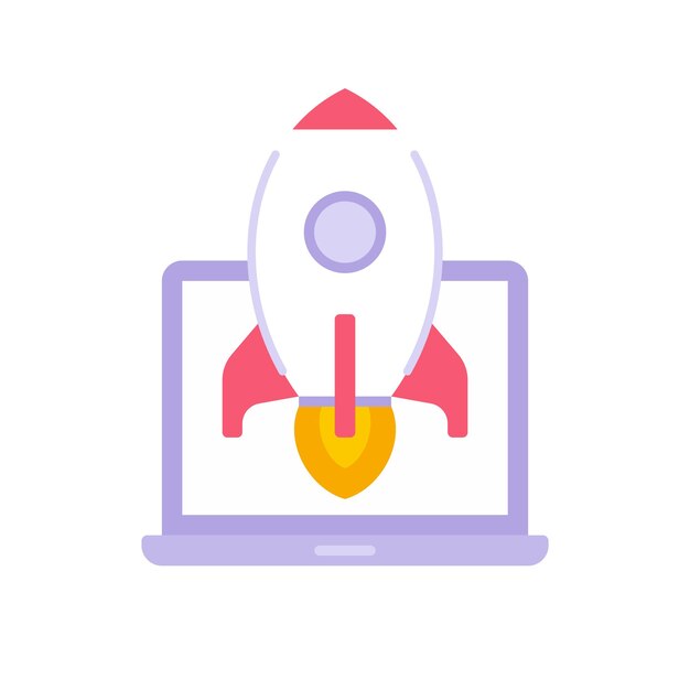 Lanzar cohete con llama de fuego en el vector del icono de la pantalla del portátil. Inicio de marketing en Internet de nave espacial