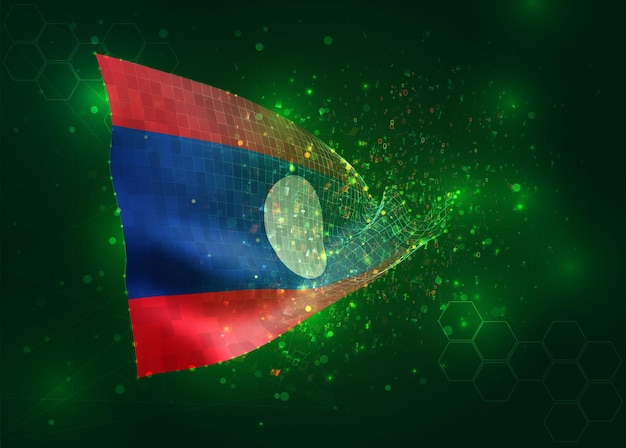 Laos en vector 3d bandera sobre fondo verde con polígonos y números de datos