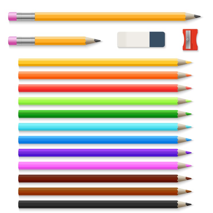 Vector lápices, borrador y sacapuntas coloreados aislados en el conjunto blanco del vector
