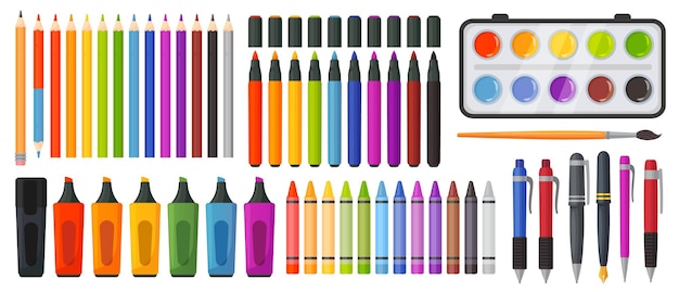 Vector lápices de colores, crayones, marcadores, bolígrafos, tinta, pintura y pincel para la escuela de arte o la oficina. escritura, dibujo y elaboración de herramientas coloridas para niños, conjunto de vectores.