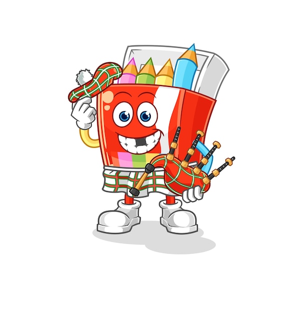 Lápices de colores escoceses con personaje de dibujos animados de vector de gaitas