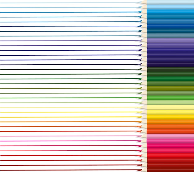 Los lápices de colores están dispuestos uniformemente en una fila con líneas de cada color dibujadas.
