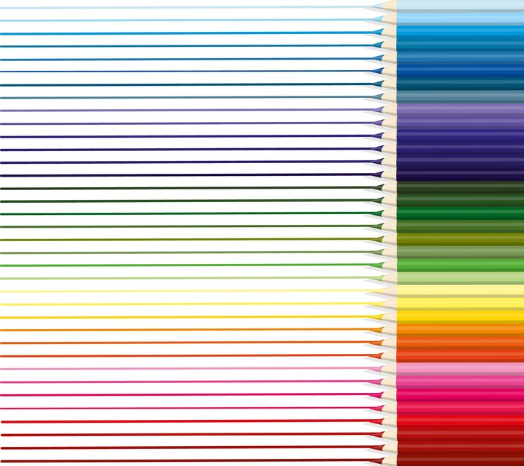 Vector los lápices de colores están dispuestos uniformemente en una fila con líneas de cada color dibujadas.