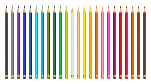 Lápices de colores de madera dispuestos a granel sobre un fondo blanco aislado Colores de dibujo multicolores