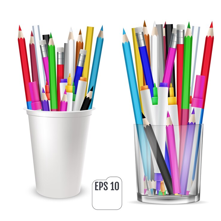 Vector lápices de colores y rotuladores en vaso para oficina. un conjunto de lápices de colores, se encuentra en posición vertical en un vaso aislado sobre fondo blanco.