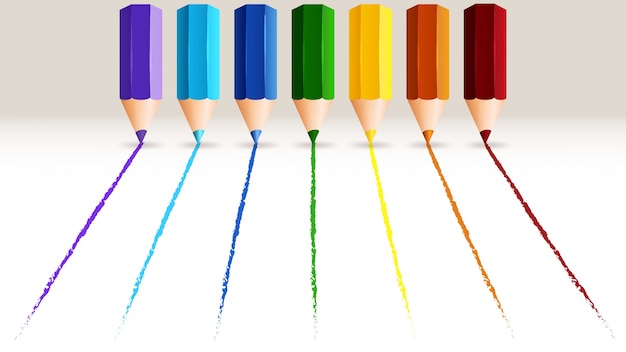 Lápices de colores y siete líneas en diferentes colores