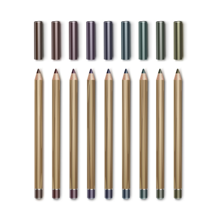 Vector lápices delineador de ojos de maquillaje cosmético de color marrón oscuro azul verde violeta violeta púrpura