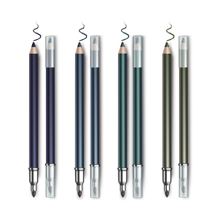 Vector lápices delineador de ojos de maquillaje cosmético de doble cara verde esmeralda de color azul oscuro