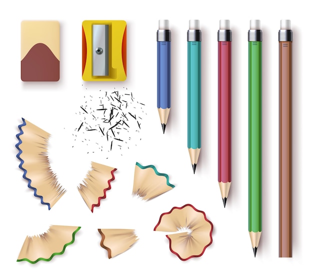 Lápices de grafito de madera realistas, sacapuntas, borrador y virutas. Tamaños de lápices afilados, herramientas de escritura y dibujo. Conjunto de vectores de papelería