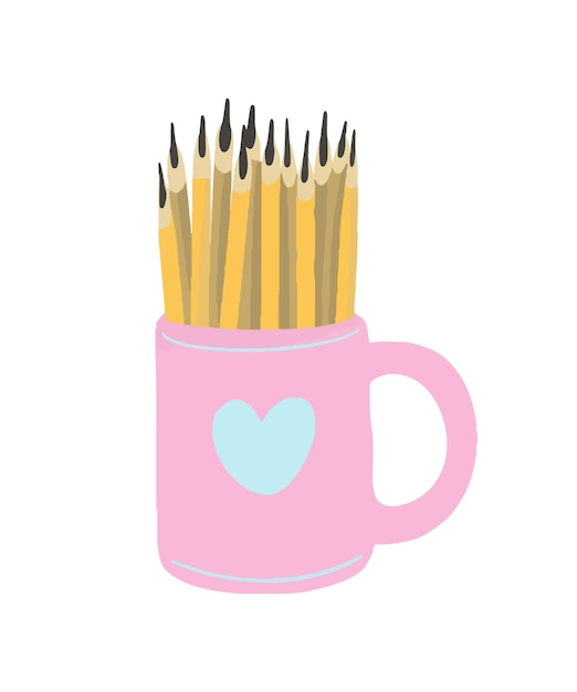 Lápices simples en una taza rosa con un corazón azul para estudiar. Ilustración pintada en acuarela.
