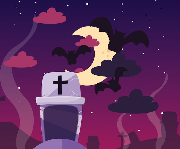 Lápida de cementerio con luna en escena de halloween