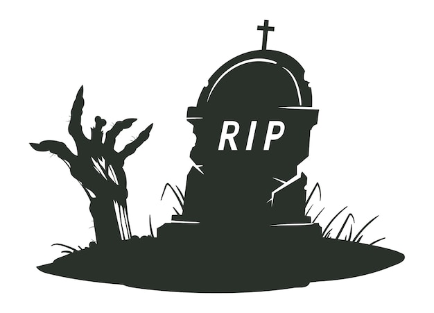 Vector la lápida de halloween con la mano de zombi silueta de lápida de dibujos animados monstruo brazo flaco que sobresale del suelo del cementerio ilustración vectorial plana de la lápida de horror de halloween