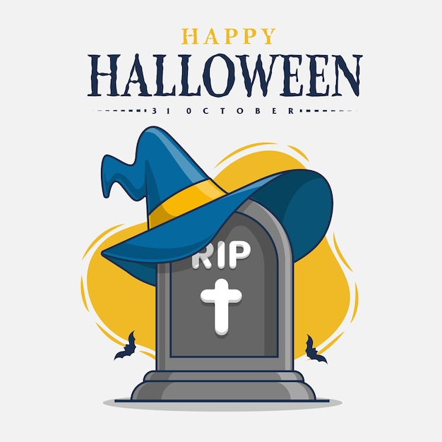 Lápida sepulcral y sombrero de bruja con ilustración de icono de celebración de halloween feliz