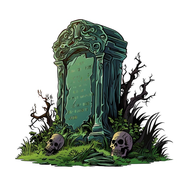 Lápida de vector con cabeza de esqueleto lápida en cementerio lápida antigua con árboles ilustración vectorial sobre fondo blanco