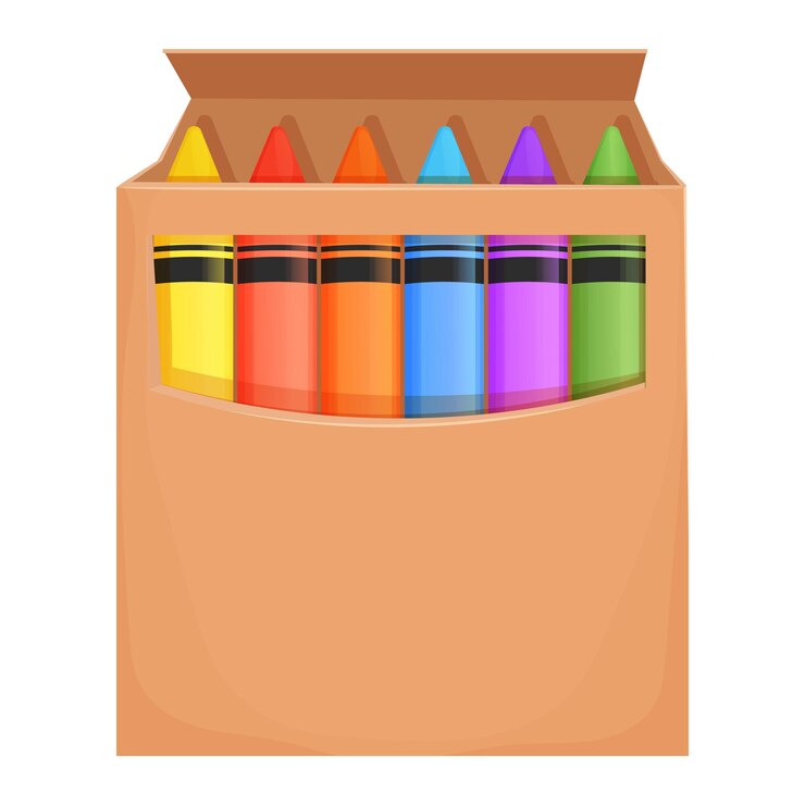 Vector lápiz de cera en caja de cartón al estilo de dibujos animados aislados sobre un fondo blanco lápices de paleta preescolar