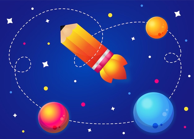 Lápiz cohete con planetas y estrellas para la escuela, la ciencia y la educación.