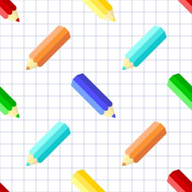 Lápiz de color patrón sin costuras vectorial lápices de colores estilizados en el fondo del cuaderno a cuadros