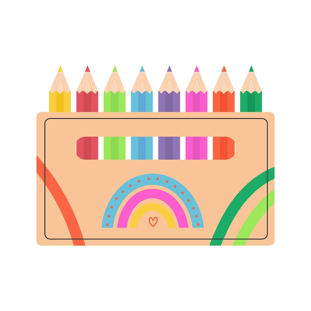 Lápiz de colores en caja de cartón Ilustración vectorial aislada sobre fondo blanco
