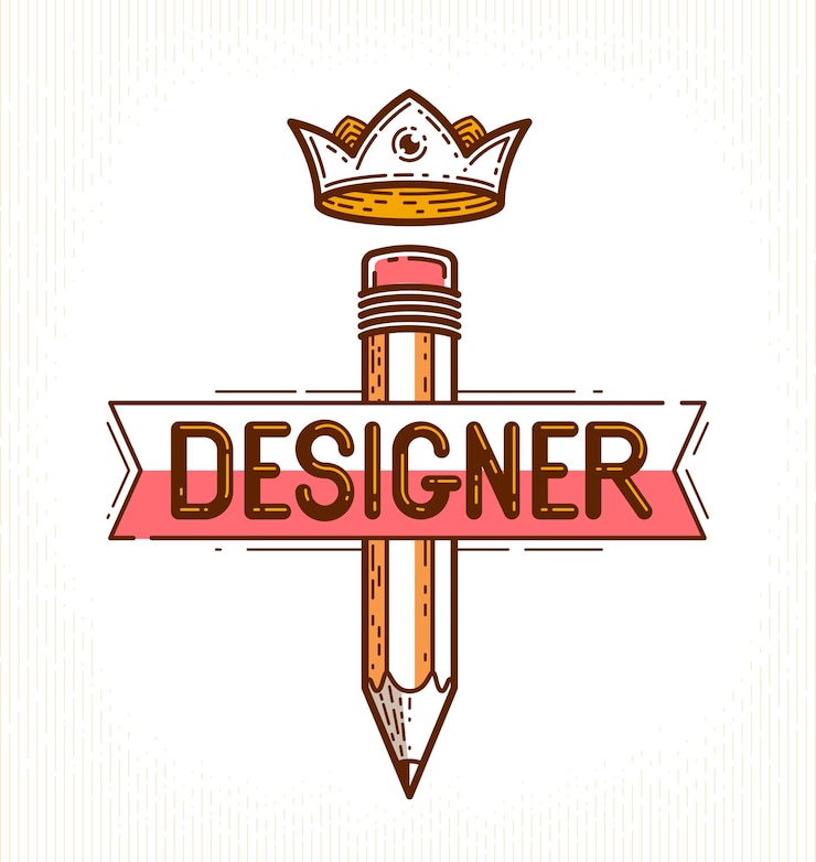 Vector lápiz con corona, logotipo o icono de moda vectorial simple para diseñador o estudio, rey creativo, diseño real, estilo lineal.