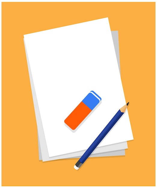 Lápiz y goma de borrar en una ilustración vectorial de papel alineado en blanco