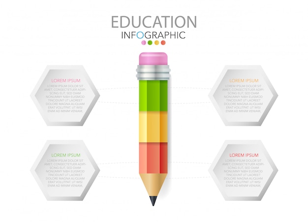 Lápiz con iconos y texto, infografías de educación, flujo de trabajo, proceso