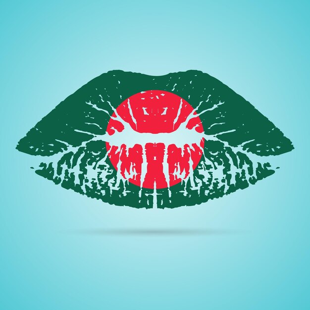 Lápiz labial de bandera de Bangladesh en los labios aislado en una ilustración de vector de fondo blanco
