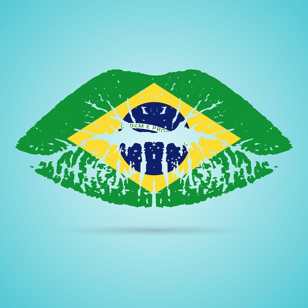 Lápiz labial de bandera de Brasil en los labios aislado en una ilustración de vector de fondo blanco