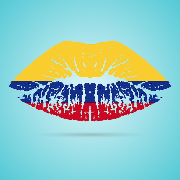Lápiz labial de bandera de colombia en los labios aislado en una ilustración de vector de fondo blanco