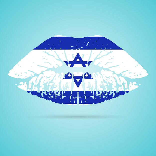 Lápiz labial de bandera de Israel en los labios aislado en una ilustración de vector de fondo blanco