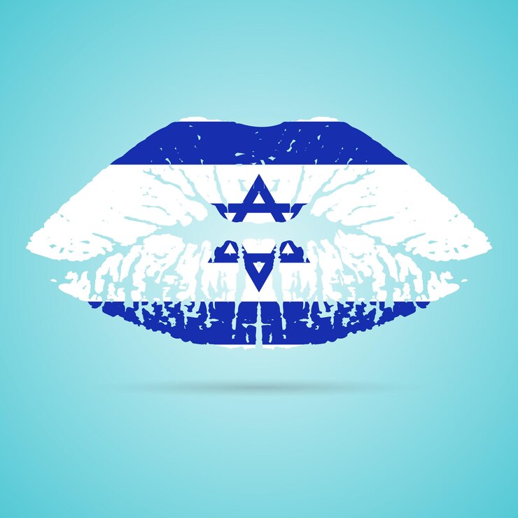 Vector lápiz labial de bandera de israel en los labios aislado en una ilustración de vector de fondo blanco