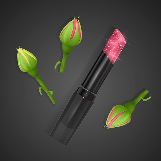 Vector lápiz labial en color rosa brillante con textura brillante en el estilo realista con rosas rojas, vista superior, producto cosmético. ilustración