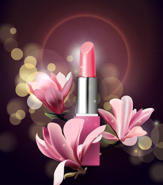 Lápiz labial con flores Magnolia Primavera y fondo de belleza Vector de plantilla