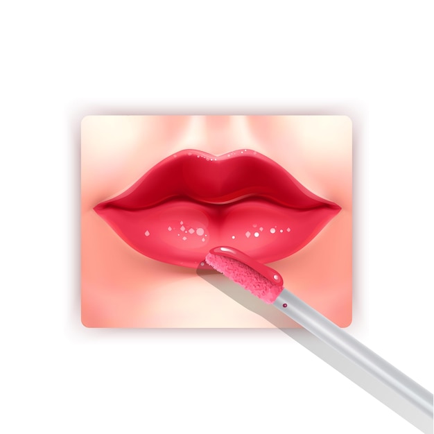 Lápiz labial líquido y cepillo de labios rojos realistas elemento de moda.