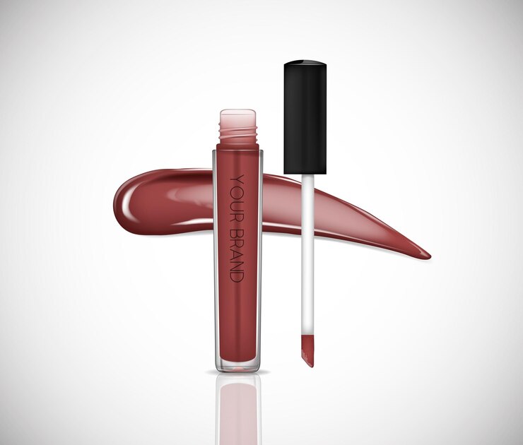 Vector lápiz labial líquido marrón brillo de labios en elegante botella de vidrio con tapa negra recipiente cerrado y abierto con pincel aislado maquillaje frotis