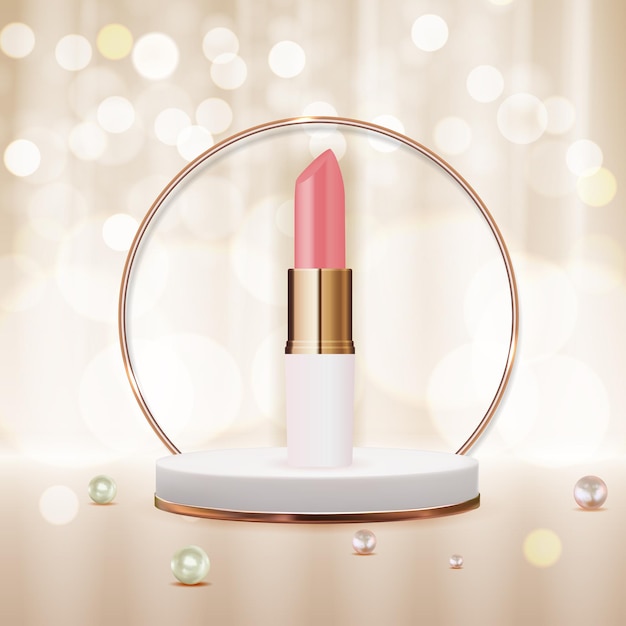 Lápiz labial natural realista 3D en la plantilla de diseño de podio de productos cosméticos de moda