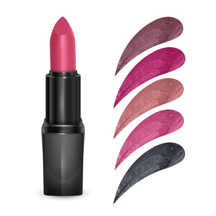 Vector lápiz labial realista con colección de trazos de lápices labiales de varios colores aislados, producto cosmético.