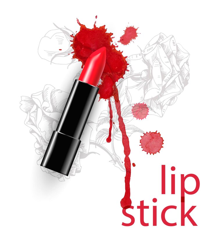Vector lápiz labial rojo con un hermoso frotis y gotas vector de fondo de belleza y cosmética