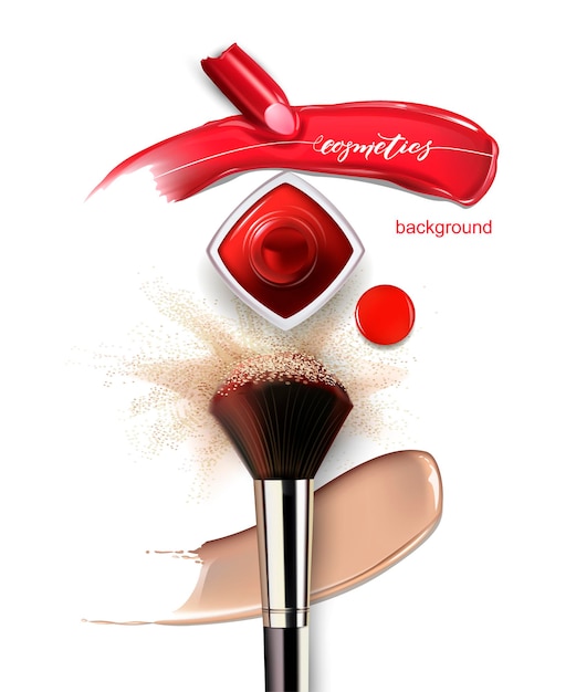 Lápiz labial rojo y una mancha de lápiz labial y esmalte de uñas rojo Fondo de belleza y cosmética Vector