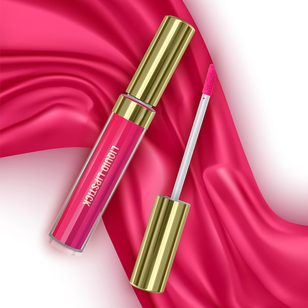 Lápiz labial rojo sobre fondo de tela de terciopelo o seda rosa brillante maquillaje de tubos abiertos cosméticos